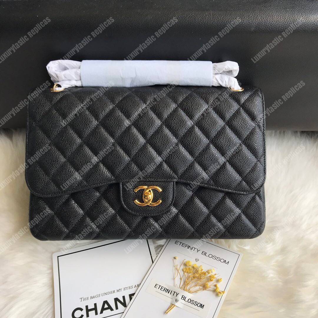 Ch*el classic maxi handbag black grained calfskin gold-toned