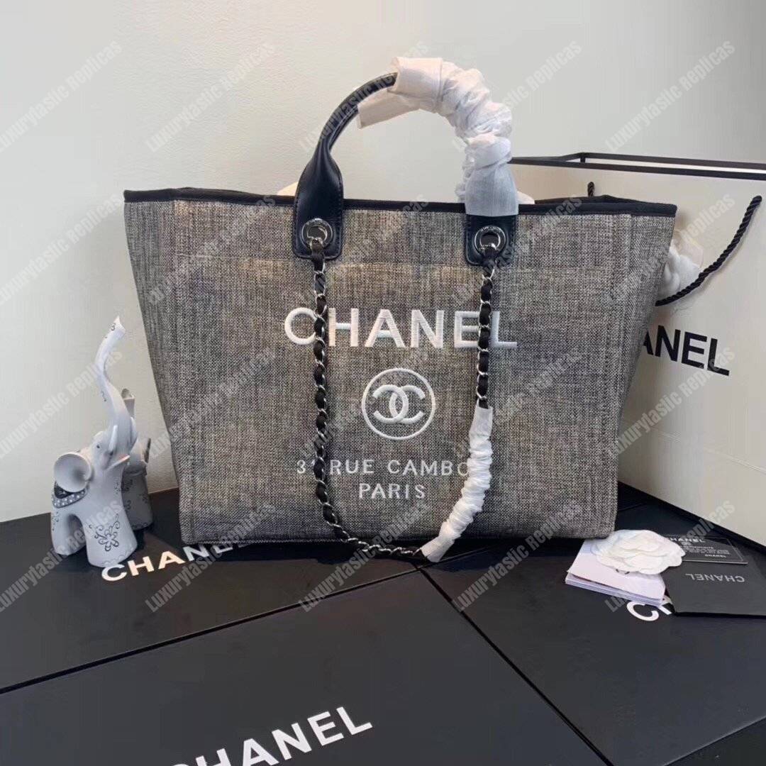 Ch*el deauville fabric tote gray/white