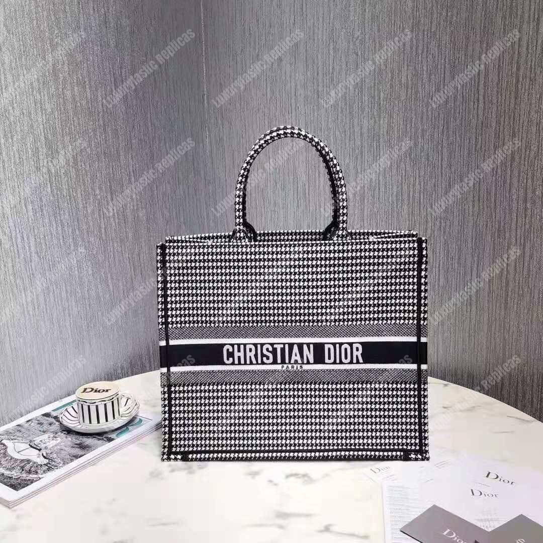 D*or book tote bag in white and black embroidered canvas houndstooth motif