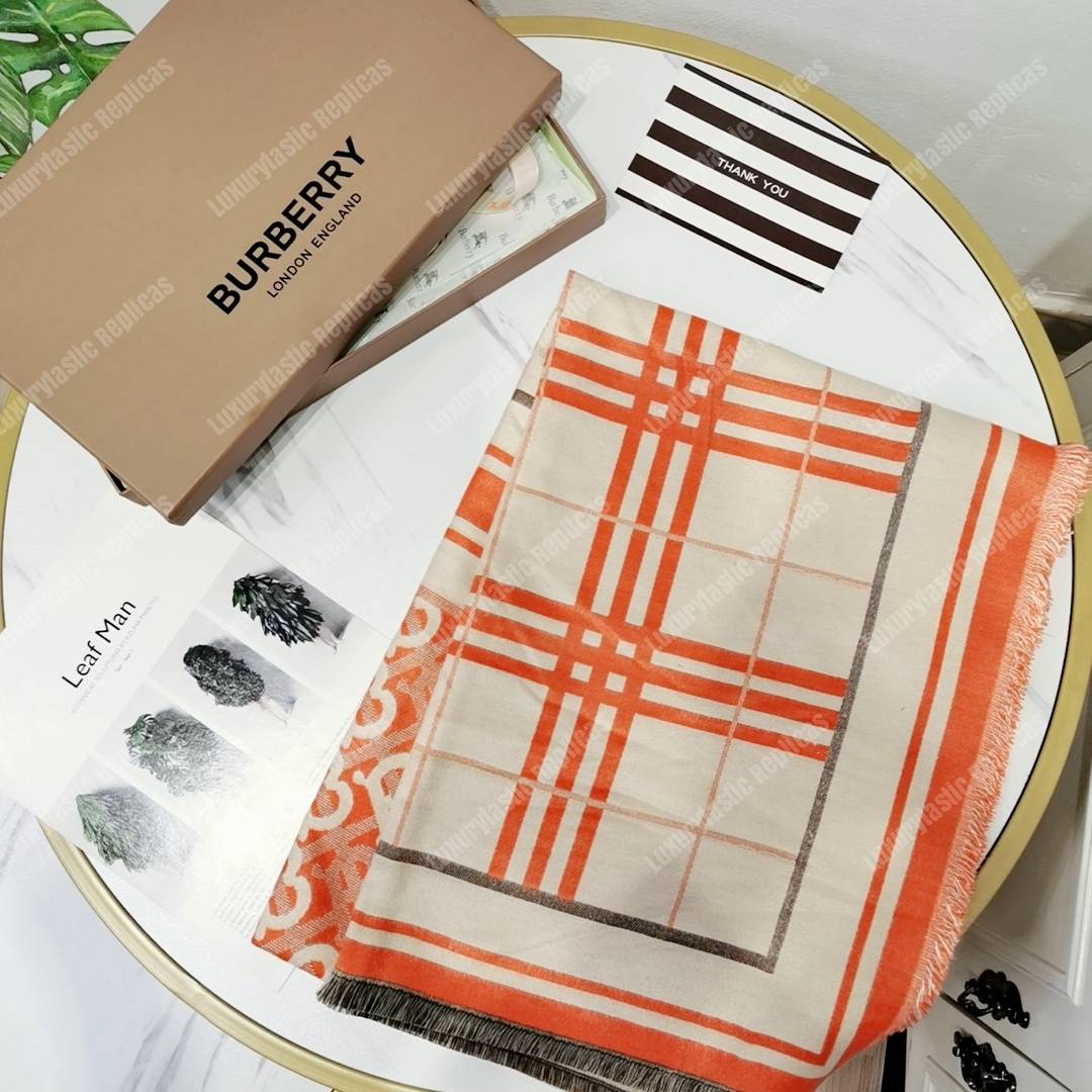 B**rry check, monogram and striped print silk scarf orange