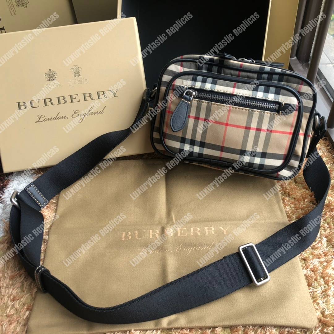 B**rry vintage check and leather crossbody bag archive beige
