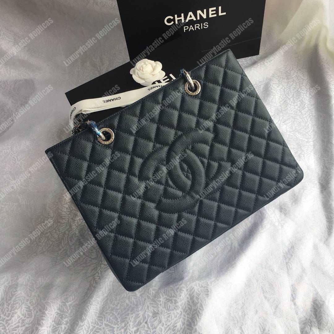 Ch*el large shopping tote silver tone dark green