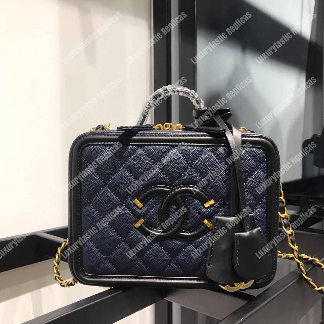 Ch*el filigree vanity case quilted medium navy blue