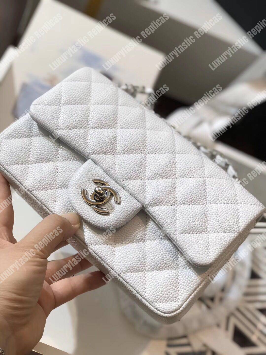 Ch*el mini classic rectangle flap bag white