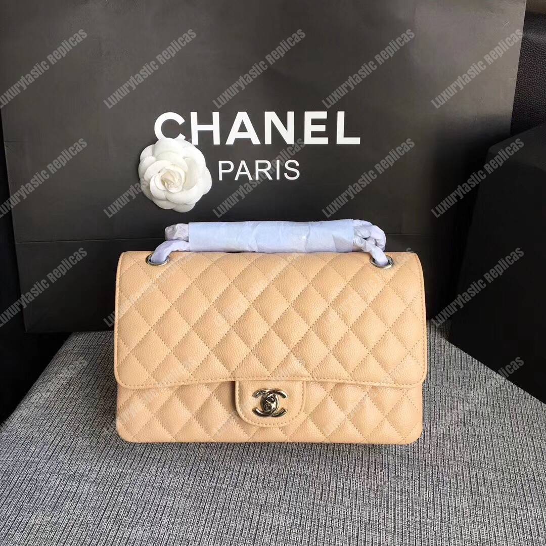 Ch*el medium classic handbag beige silver-tone metal