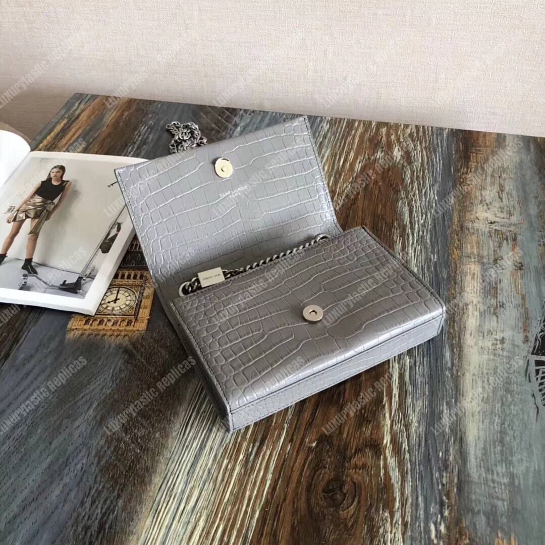Saint Laurent Classic Small Kate Monogram Earth Grey Crocodile
