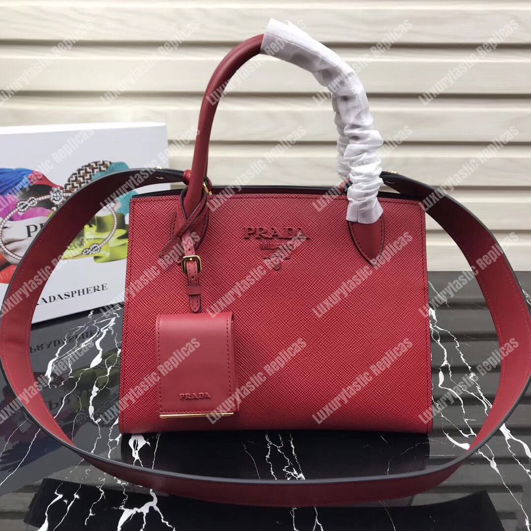 pra*a monoCh*0me saffiano leather bag red