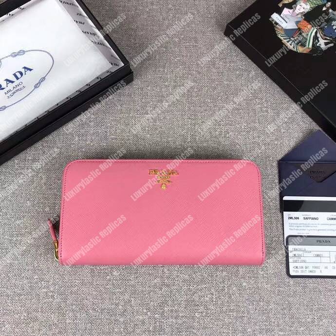 Pra*a large saffiano leather wallet pink gold hardware