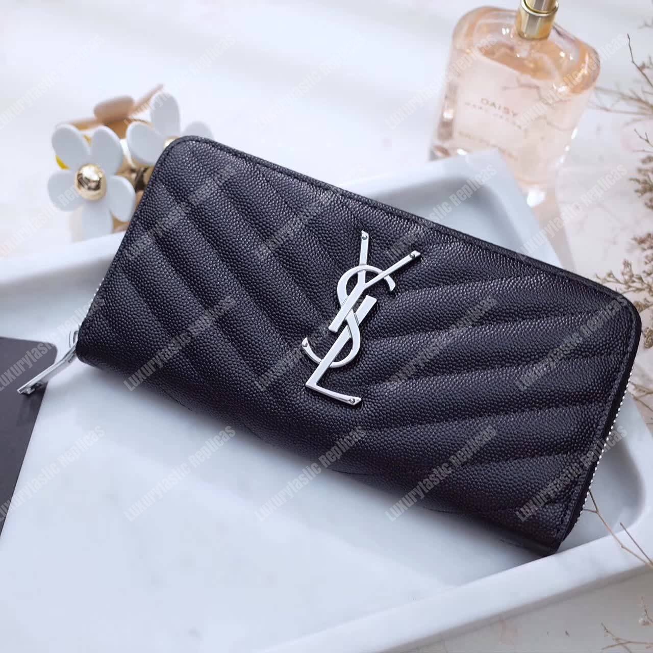 Saint Laurent Monogram Zip Around Wallet Black Grain De Poudre