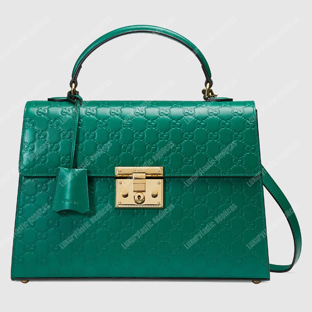 G*u*i padlock medium signature top handle bag emerald green