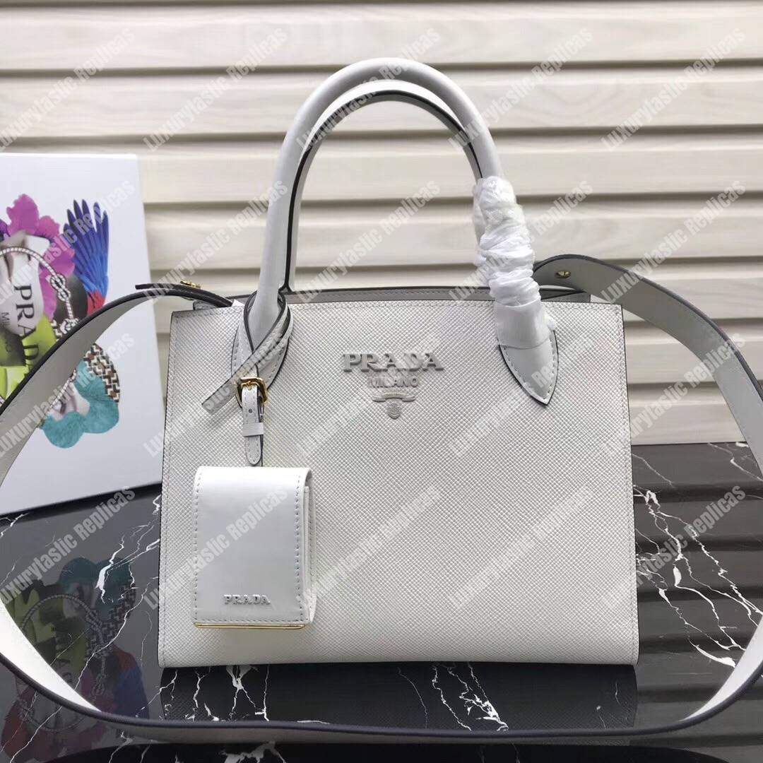 pra*a monoCh*0me saffiano leather bag white