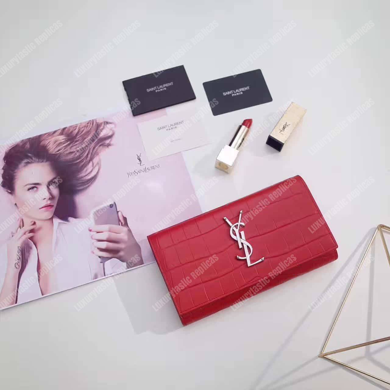 Saint Laurent Large Flap Wallet In Red Crocodile Embossed Shiny