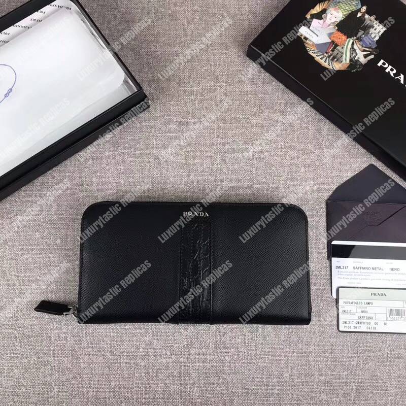 Pra*a saffiano and crocodile leather wallet all black with crocodile insert