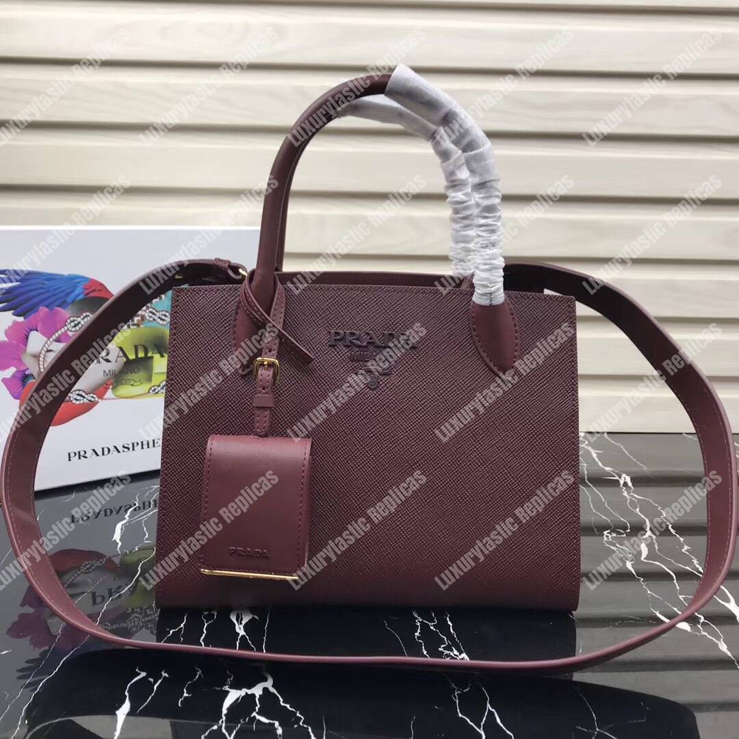pra*a monoCh*0me saffiano leather bag brown