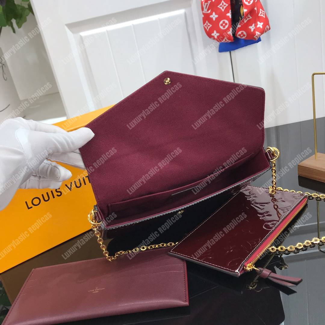 LV Pochette Felicie Monogram Vernis Leather Amarante
