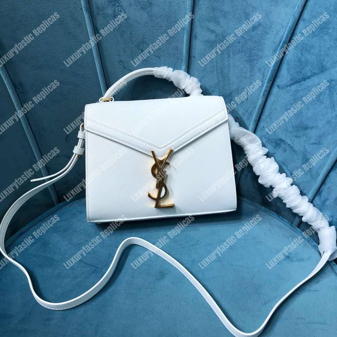 Saint Laurent Cassandra Mini Top Handle Bag In Grain De Poudre Embossed Leather White