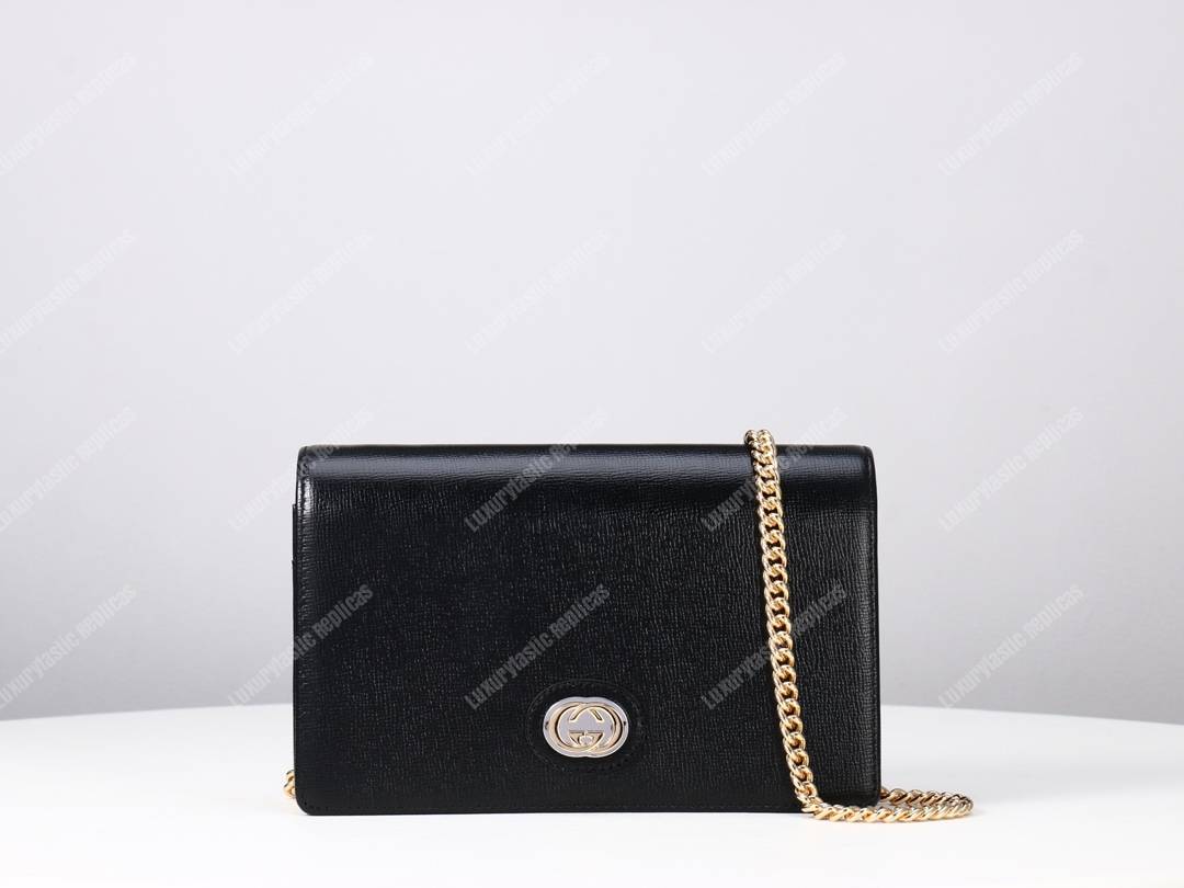 G*u*i leather chain card case wallet black