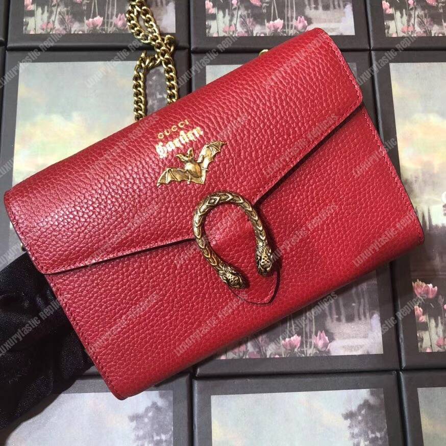 G*u*i calfskin garden dionysus chain wallet red with bat