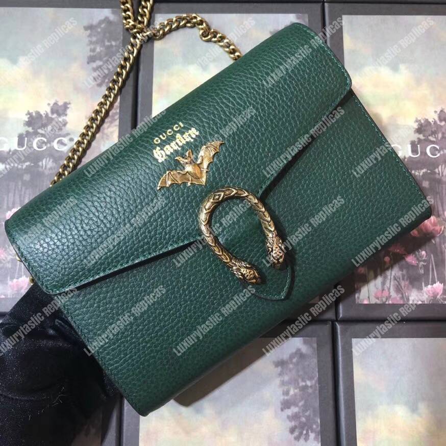 G*u*i calfskin garden dionysus chain wallet green with bat