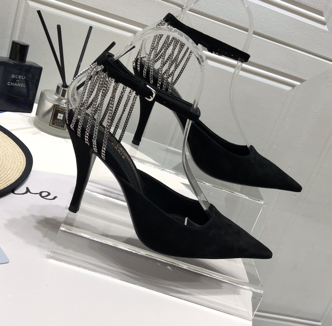 YVES SAINT LAURENT CRYSTAL CHAIN-TRIM PUMPS BLACK 7131751TVDD1000