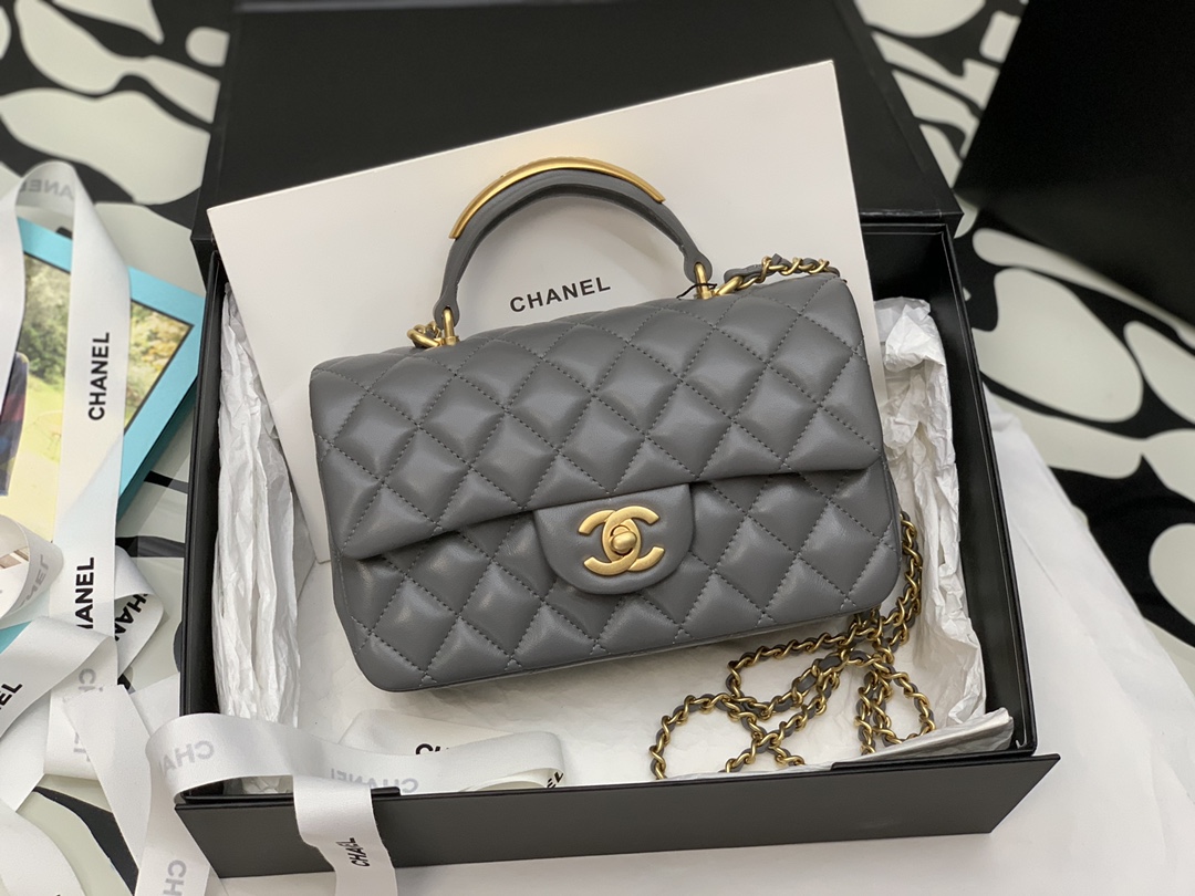 Ch*el mini flap bag with top handle grey as2431